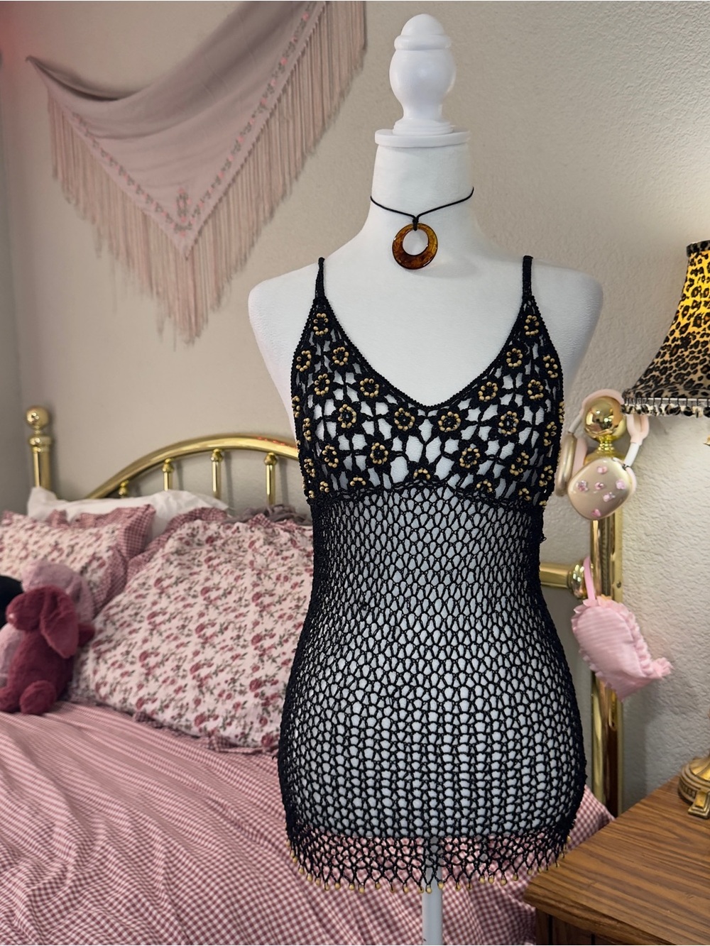 Y2K Black Beaded Crochet Mesh Tank